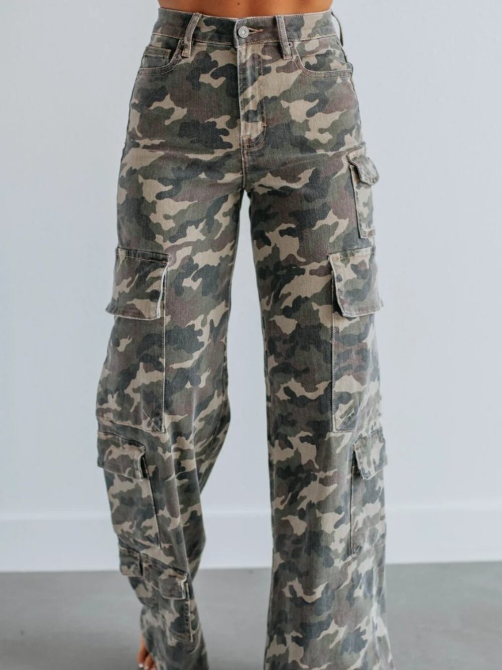 new CAMO cargo CAMOUFLAGE HIGH WAISTED denim JEANS SM-XXL wide leg fashion flare